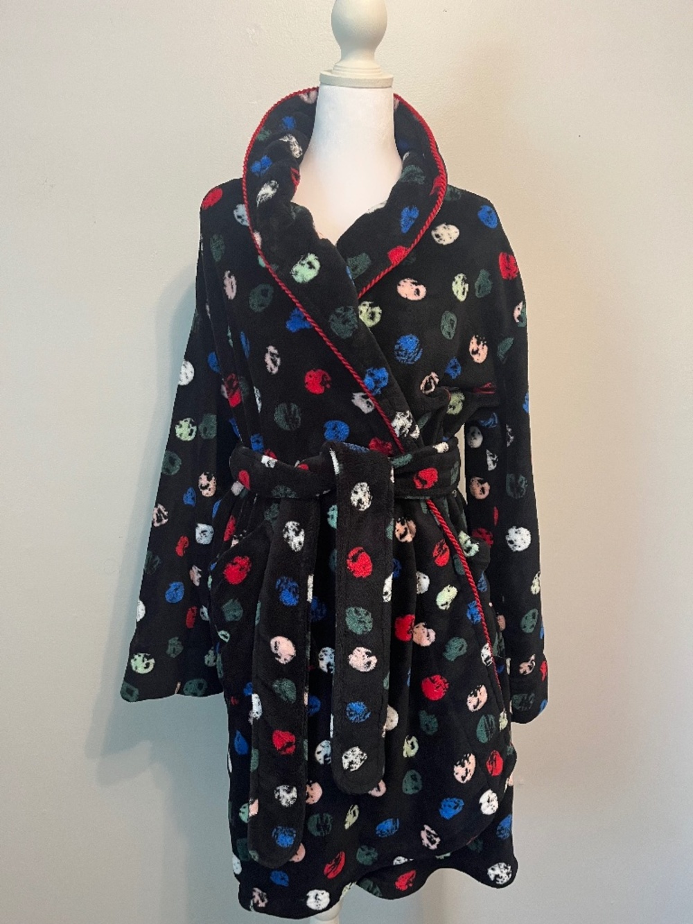 Sleep Sense Fleece Robe Large Black Polka Dot Cozy Plush Shawl Collar Bathrobe